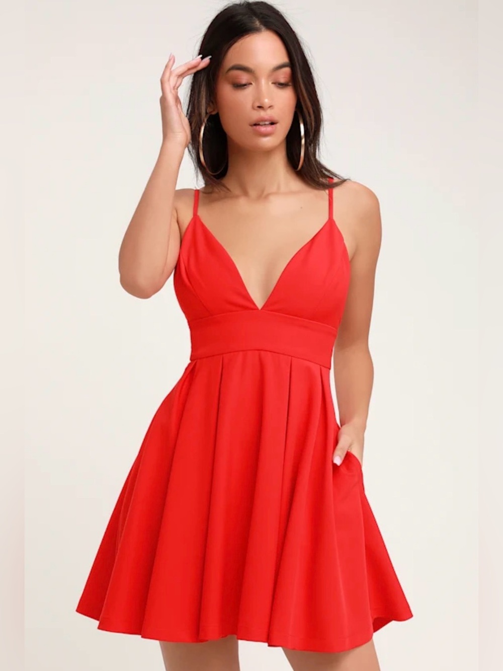 Red V-Neck Fit & Flare Dress with Spaghetti Straps